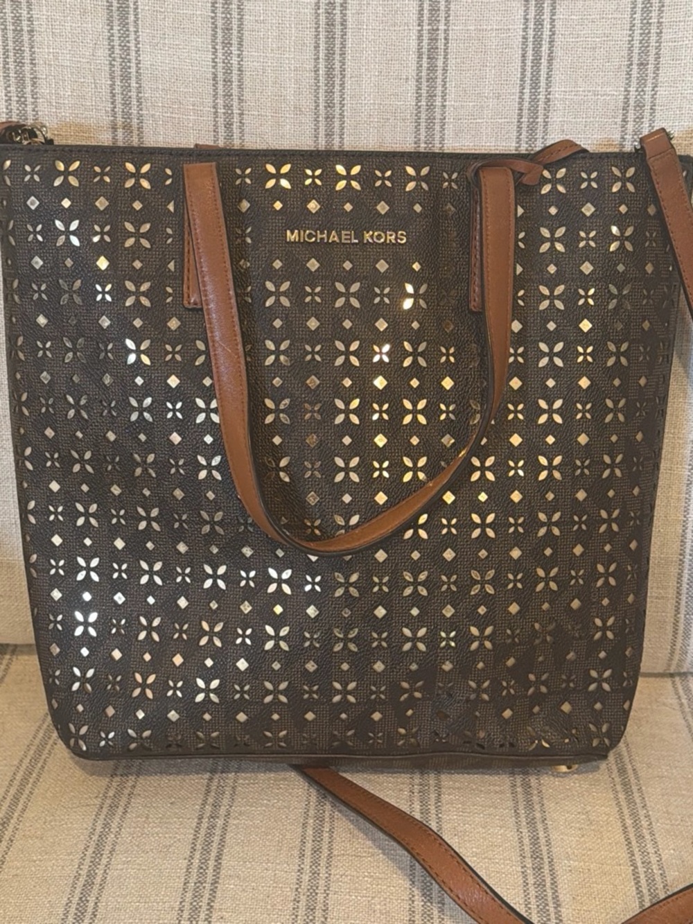 Michael Kors Brown Laser-Cut Floral Tote with Gold Accents